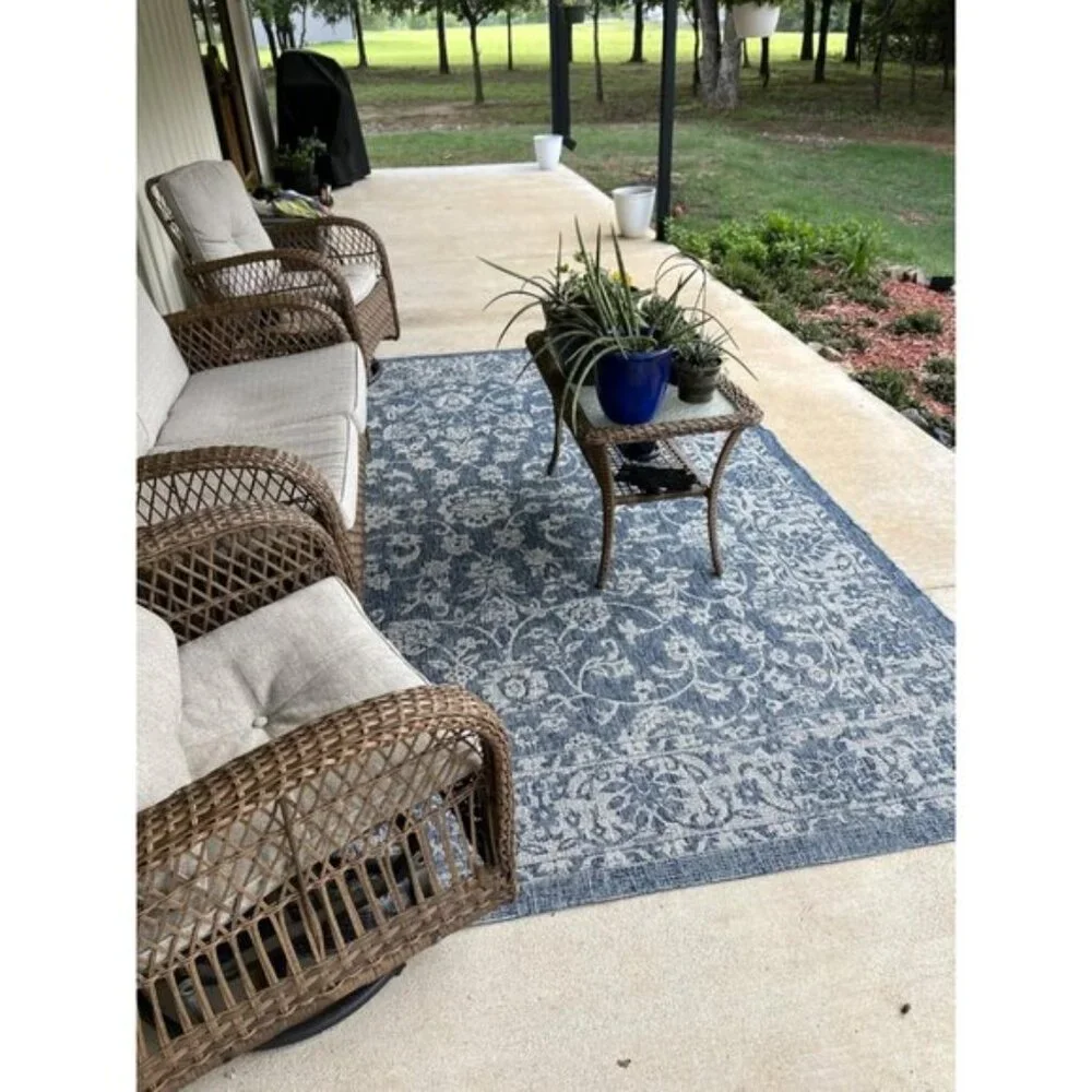 New 8x10 Boho Navy Gray Rug Indoor Outdoor Non-Slip Area Carpet for Home & Patio